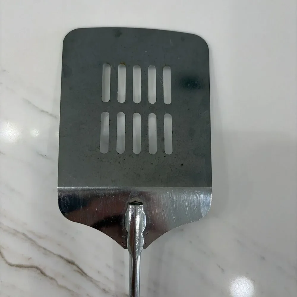 Vintage Stainless Steel Slotted Spatula Turner with Black Handle Flipper